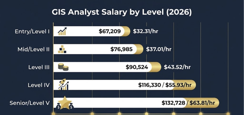 GIS analyst salary 2026 breakdown by level showing entry $67K to senior $132K with hourly rates 